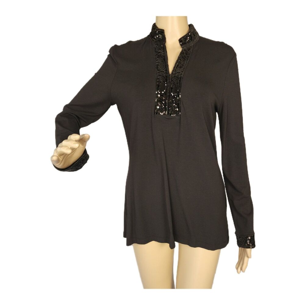 Vintage 90s Talbots Petites Black Embellished Sequin Paisley Tunic Top Small